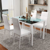 5-Piece Rectangular Glass Kitchen Table and Chairs with Metal Frame and Faux Leather Upholstery for Dining Room