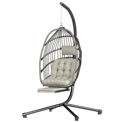 Outdoor Hanging Egg Chair with Retractable Footrest Swing Chair with Metal Stand