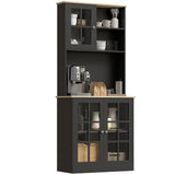 Buffet de cuisine avec huche, garde-manger de rangement avec 3 armoires, 2 étagères ouvertes et grand plan de travail