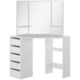 Corner Vanity Desk with Mirror, Makeup Vanity Table with 5 Drawers and Open Shelves, Dressing Table with 3-piece Mirror for Bedroom