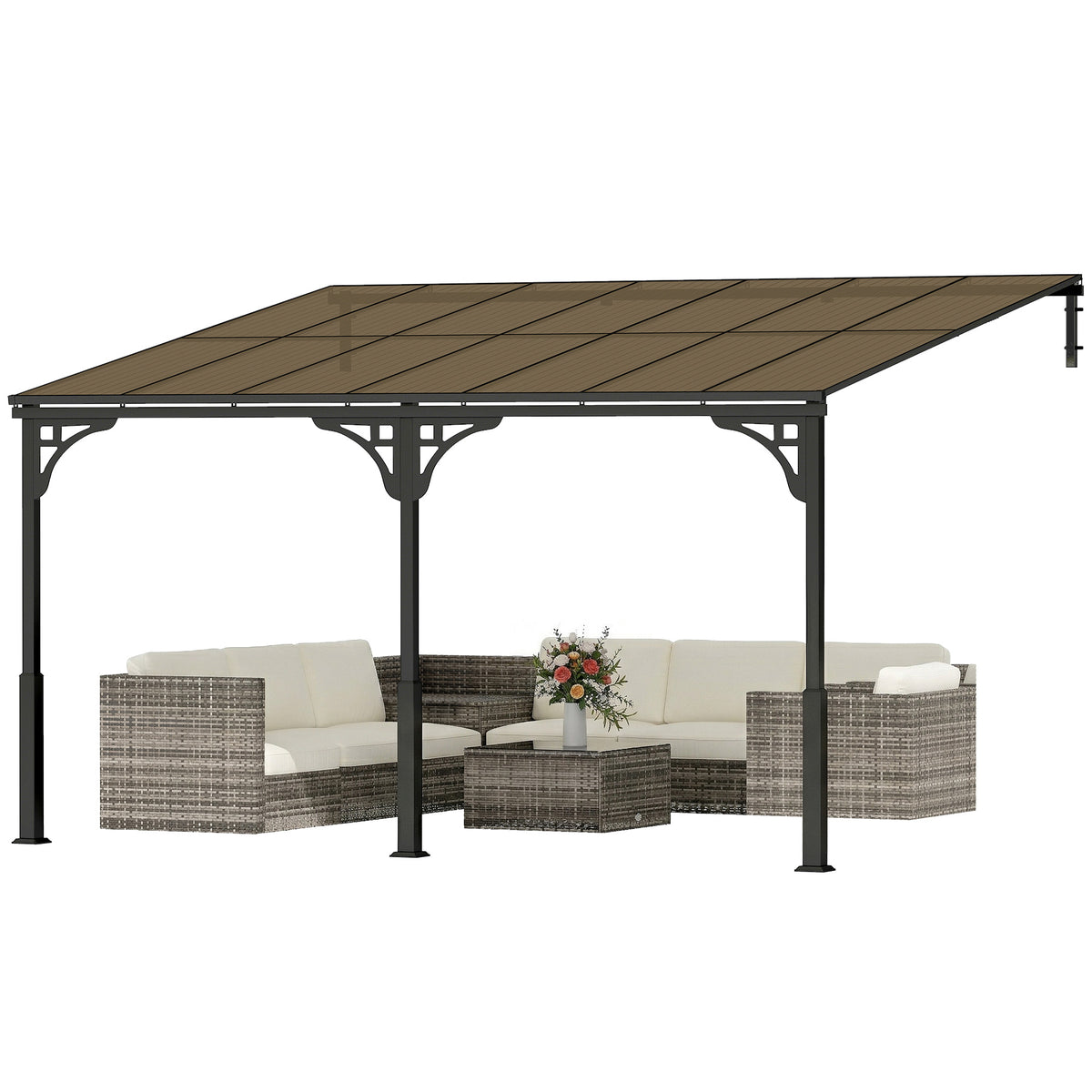 13' x 10' Lean to Gazebo, Hardtop Wall Mounted Outdoor Pergola with Polycarbonate Roof and Metal-Aluminium Frame