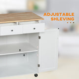 Rolling Kitchen Island with Storage, Kitchen Cart with Rubber Wood Top, Adjustable Shelf, Hooks and Storage Drawers