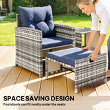 Ensemble mobilier patio 5 pièces, chaises patio rotin avec ottomans, table à café verre 2 étages et coussins