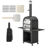 Outdoor Wood Fired Pizza Oven with Side Shelves and Open Cabinet, Pizza Maker on Wheels with Thermometer