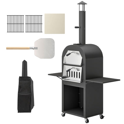Outdoor Wood Fired Pizza Oven with Side Shelves and Open Cabinet, Pizza Maker on Wheels with Thermometer