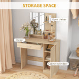 Vanity Desk with Mirror, Makeup Vanity w/ Drawer, Open Compartment and Shelves, Cabinet, Adjustable Shelves for Bedroom
