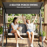 2-Person Outdoor Patio Porch Swing with Adjustable Canopy, Rattan Hanging Swing Bench with Soft Cushions