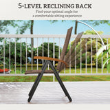 Folding Wicker Patio Dining Chair with 5-level Reclining Back, Wooden Armrests for Outdoor