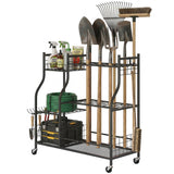 Garden Tool Organizer for Garage, 3-Tier Yard Tool Storage Rack with 32 Slots, 4 Wheels and 11 Hooks