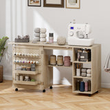 Table de machine à coudre avec plateau abattant, table de bricolage pliante avec portes en rotin et étagères de rangement pour petits espaces