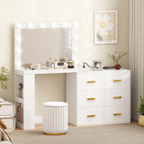 Bureau de toilette avec miroir et 12 lumières LED, Table de maquillage avec prise électrique, 3 couleurs de lumière, 6 tiroirs et 2 étagères