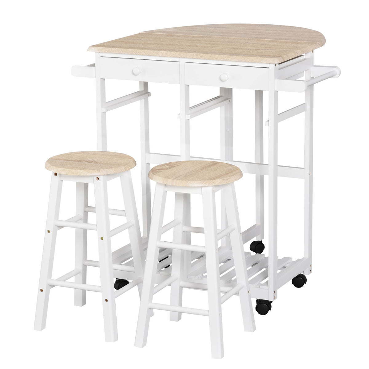 Kitchen Trolley 3 Piece Kitchen Cart Set Drop Leaf Breakfast Table and 2 Stools w/ Rolling Wheels & Towel Bars, Wood &
