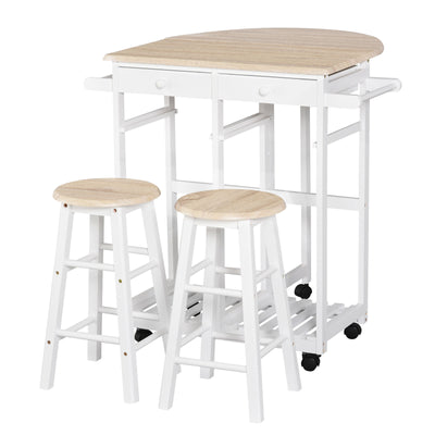 Kitchen Trolley 3 Piece Kitchen Cart Set Drop Leaf Breakfast Table and 2 Stools w/ Rolling Wheels & Towel Bars, Wood &