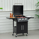 Outdoor 3 Burner Gas Grill Portable Barbecue w/ Wheels, Warming Rack, Shelves, Cabinet