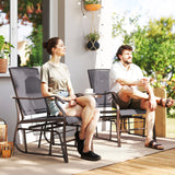 Double Patio Glider Chair with Glass Top Center Table, Outdoor Glider Loveseat with High Back, All Weather Breathable Mesh Fabric for Garden