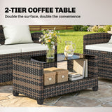4-Piece Outdoor Wicker Patio Furniture Conversation Set, Chairs and 2-Tier Table with Cushions