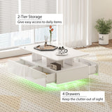 Coffee Table with RGB LED Lights, Modern Living Room Table with 4 Drawers, Open Shelf