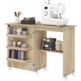 Armoire à machine à coudre, table de couture pliante avec étagère de rangement, bacs et roues verrouillables pour petit espace