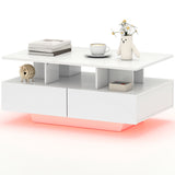 Coffee Table with RGB LED Lights, Modern Living Room Table with 4 Drawers, Open Shelf