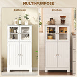 Bathroom Floor Storage Cabinet with Tempered Glass Doors and Adjustable Shelf