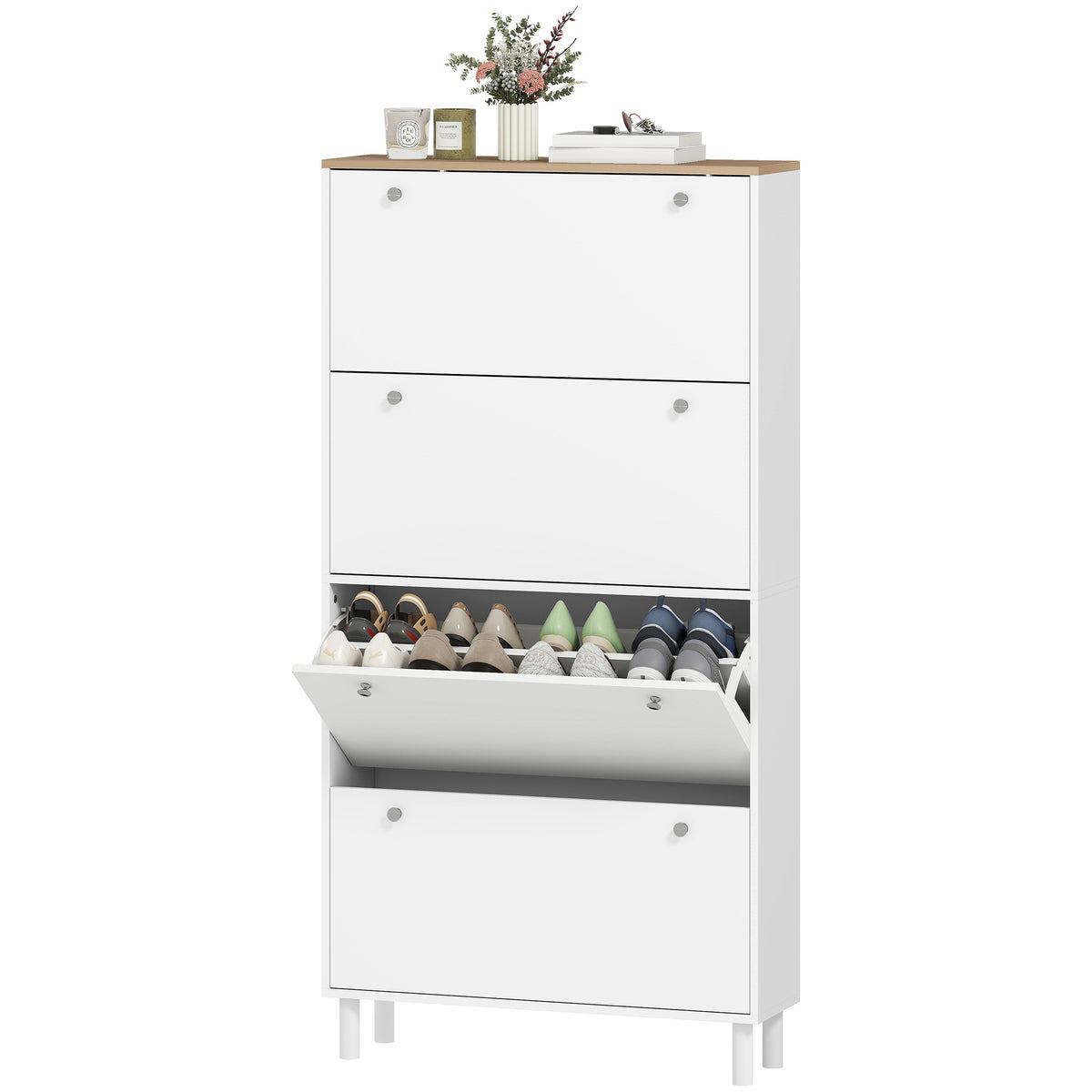 Narrow Shoe Cabinet with 4 Flip Drawers, Shoe Storage Cabinet with Adjustable Shelves, Holds 24–32 Pairs