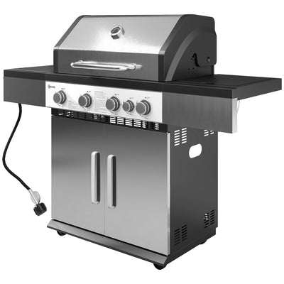 4+1 Burner Liquid Propane Gas Grill Outdoor Portable BBQ with Side Burner, Warming Rack, Side Shelf, Storage Cabinet, 4 Wheels