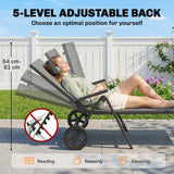 Outdoor Lounge Chair, 5-Level Adjustable Folding Chaise Chair with 2 Wheels for Backyard