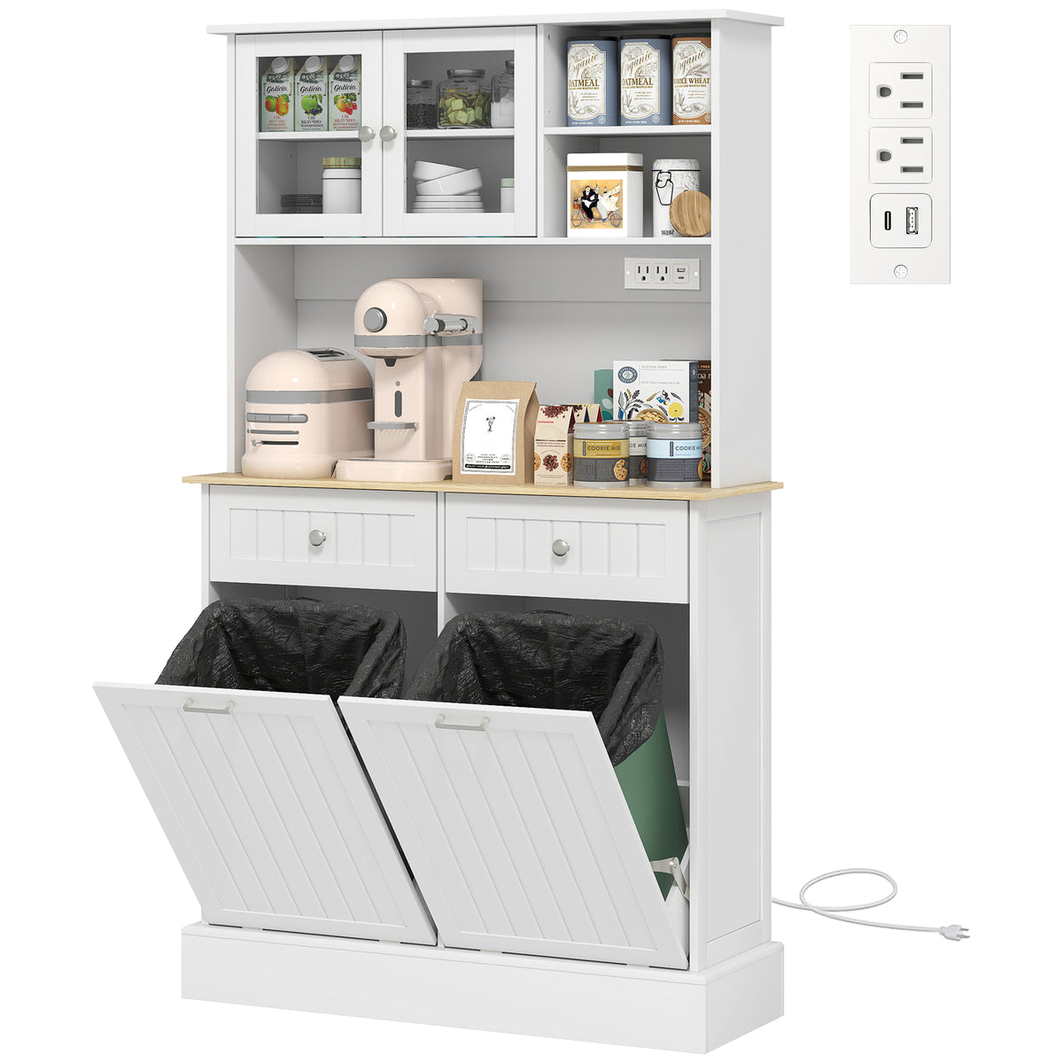 Kitchen Cabinet with Charging Station, 2 Tilt Out Cabinets, Microwave Stand