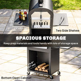 Outdoor Wood Fired Pizza Oven with Side Shelves and Open Cabinet, Pizza Maker on Wheels with Thermometer