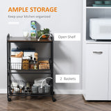 Rolling Kitchen Cart, 3-Tier Utility Storage Cart with 2 Basket Drawers & Side Hooks, Lockable Casters for Dining Room