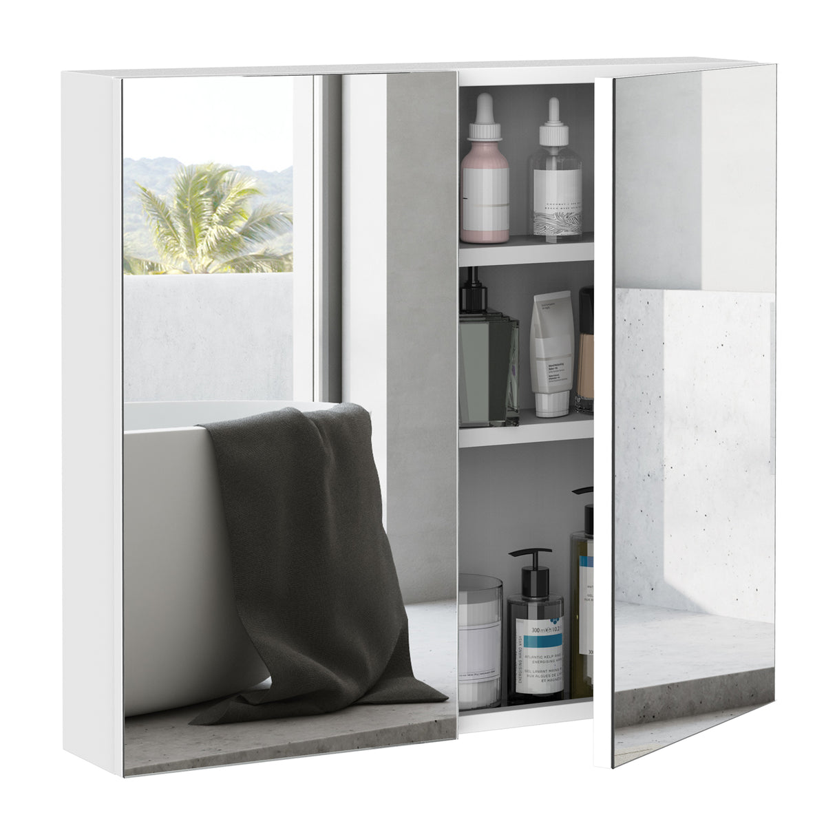 Wall Mounted Mirror Cabinet, 2 Doors and 3-tier Shelving