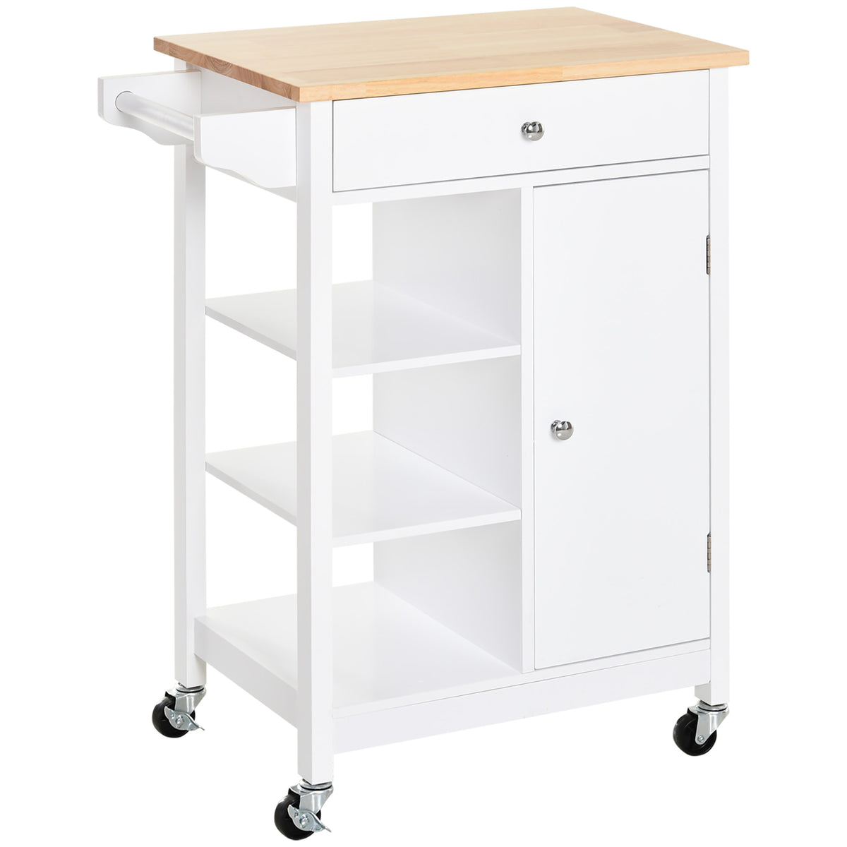 Modern Rolling Kitchen Island Cart with Drawer, Natural Wood Top, Towel Rack, Door Storage Cabinet