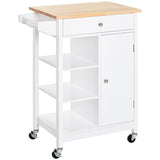 Modern Rolling Kitchen Island Cart with Drawer, Natural Wood Top, Towel Rack, Door Storage Cabinet
