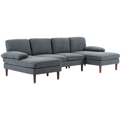 Canapé en U avec double méridienne, canapé moderne 4 places avec pieds en bois, canapé en tissu pour salon