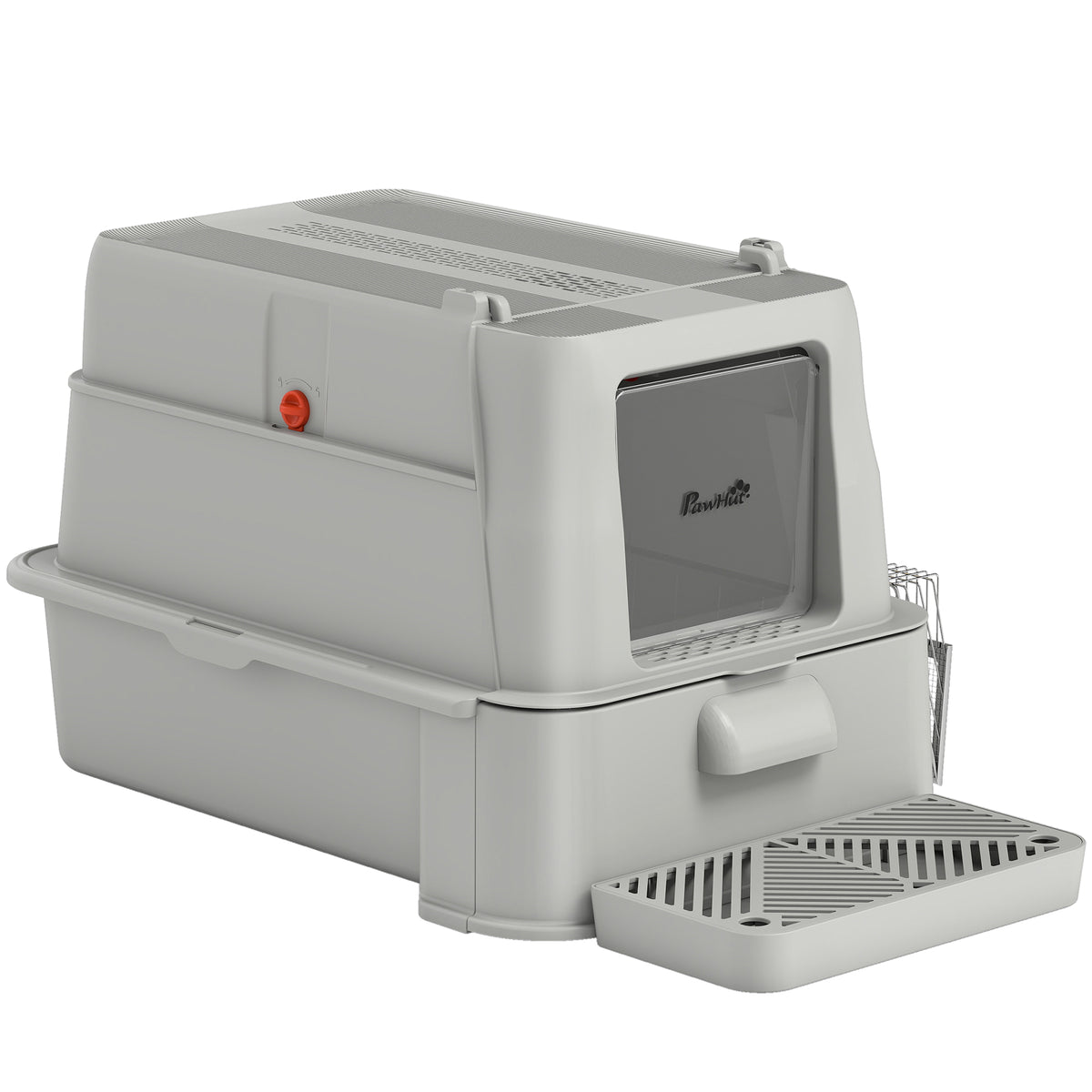Bac à litière pour chats XL 80L en acier inoxydable pour gros chats avec couvercle rabattable, tiroir coulissant, haut rebord