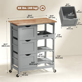 Chariot de cuisine à roulettes, desserte de cuisine mobile avec plateau en bois, 3 tiroirs et étagères pour la salle à manger