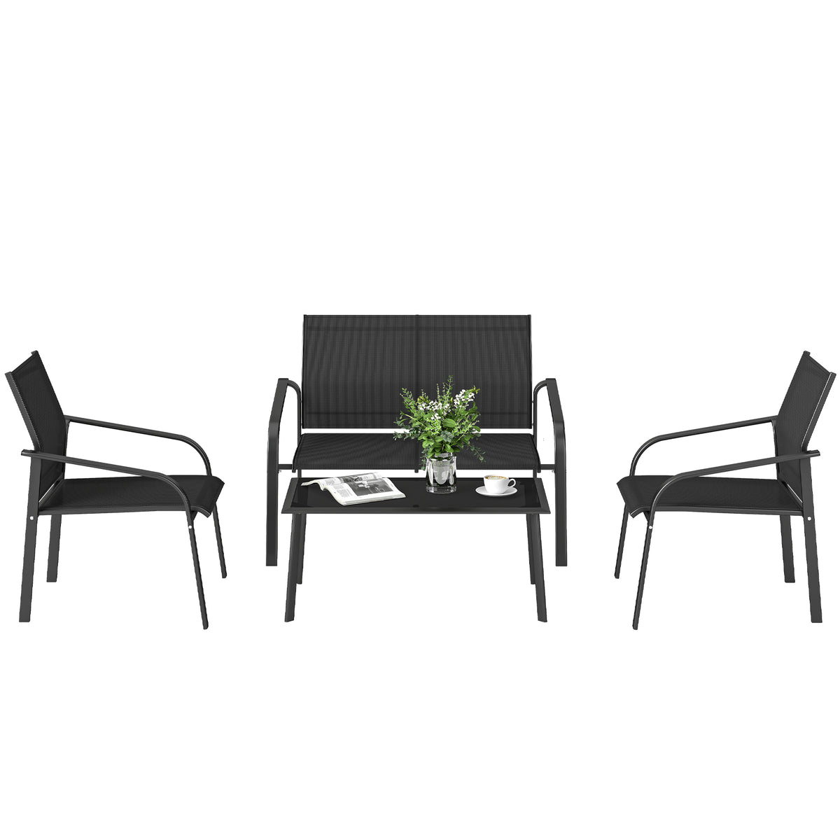 4 Piece Patio Furniture Set, Outdoor Conversation Set with Deep Seat, Glass-Top Table