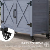 Établi de rempotage en bois extérieur avec armoire de rangement, roues en caoutchouc pour cour arrière