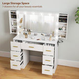 Makeup Vanity Desk with Mirror and Lights, Dressing Table with 7 Drawers, 6 Hidden Sliding Storage Compartments