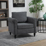 Vintage Armchair, Upholstered Accent Chair with Rolled Arms, Gourd-Shaped Rubber Wood Legs