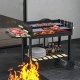 Barbecue au charbon de bois, chariot de barbecue avec double grille réglable, table d'appoint, tablette de rangement et roues