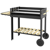 Barbecue au charbon de bois, chariot de barbecue avec double grille réglable, table d'appoint, tablette de rangement et roues