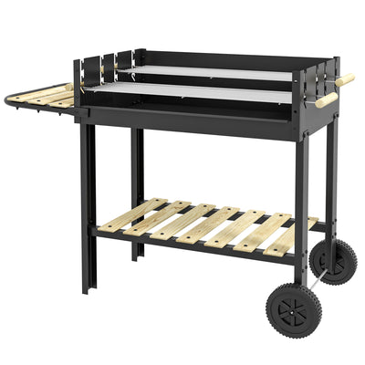 Charcoal Grill, Barbecue Trolley with Double Adjustable Grill, Side Table, Storage Shelf and Wheels