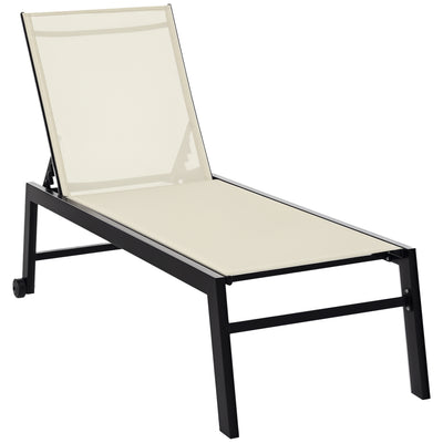 Outdoor Lounge Chair, Patio Lounger with 5-Position Reclining Backrest and 2 Wheels for Poolside