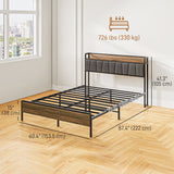 Queen Size Bed Frame with Charging Station, Queen Bed Frame with Upholstered Headboard and Storage Shelf