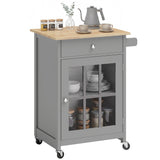 Rolling Kitchen Cart with Drawer and Glass Door Cabinet, Kitchen Island on Wheels with Towel Rack