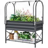 Raised Garden Bed with Cover, Metal Elevated Planter Box with Bottom Shelf and Liner