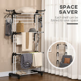Foldable Clothes Drying Rack, 4-Tier Steel Laundry Rack for Drying Clothes with 2 Side Wings and 4 Castors