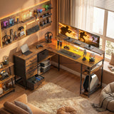 Gaming Desk with Power Outlets LED Lights Computer Desk with Drawers Monitor Stand 61