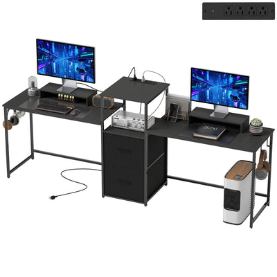 96 Inch Gaming Desk, Dual Computer Desk for 2 Person with Power Outlets and Monitor Stands